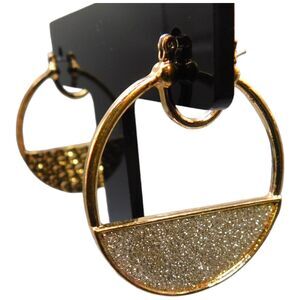 Pierced Earrings Glittered Hoop Hinged Statement Gold Tone Metal 1.5" Fashion